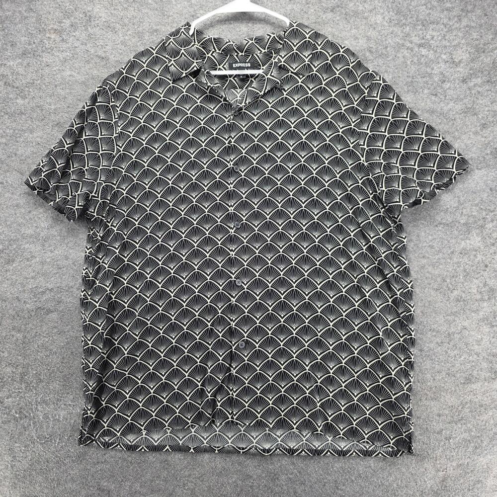 Express Button-Up Womens XL Black Geometric Short Sleeve Viscose Rayon Summer